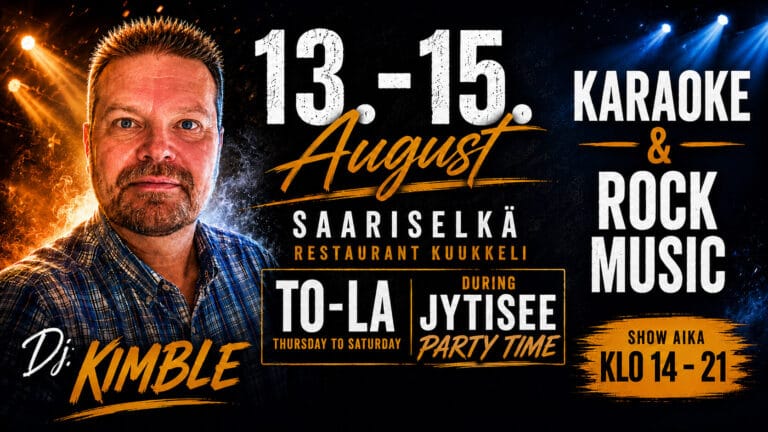 DJ Kimble -tapahtumaesite, jossa on miehen muotokuva ja tekstit 13.–15. August, karaoke ja rock music Saariselän ravintola Kuukkelissa.